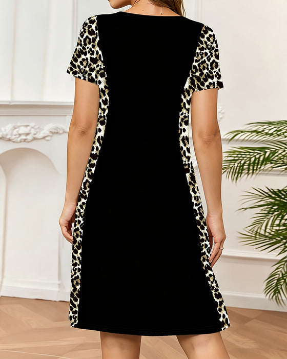 Crew Neck Leopard Color-Block Dress