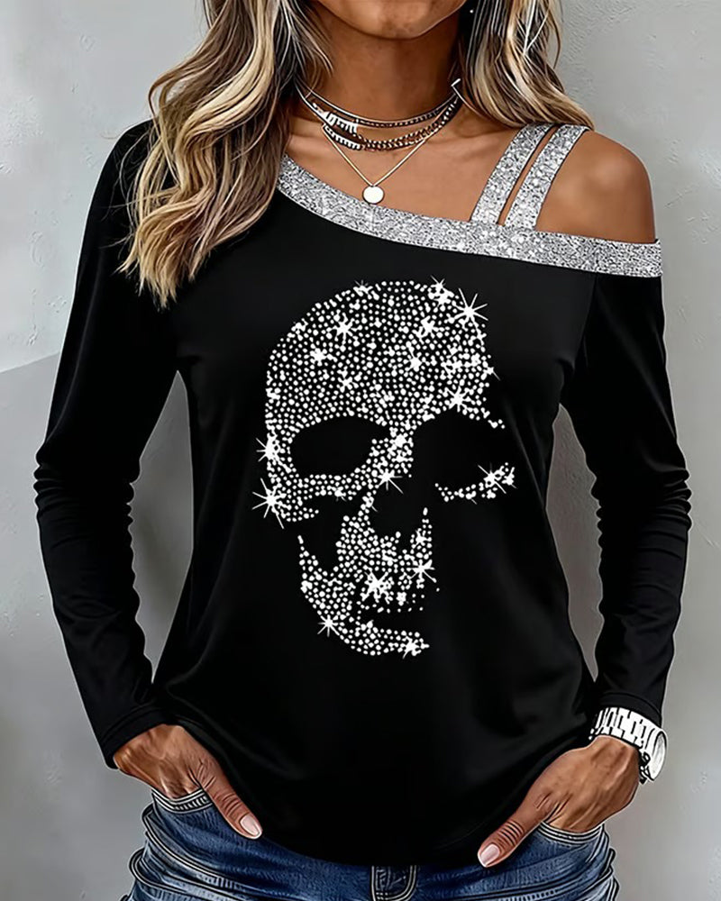 Off-The-Shoulder Skull Print Long-Sleeved Top
