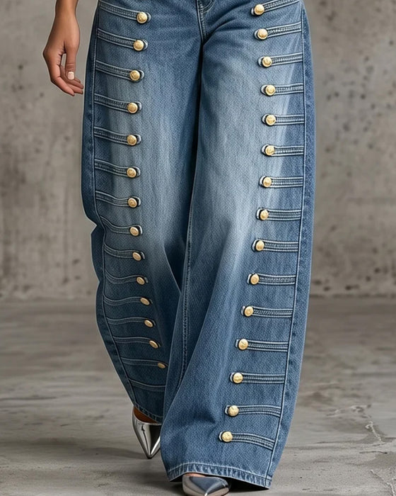 Button Pocket Wide-Leg Denim Long Pants