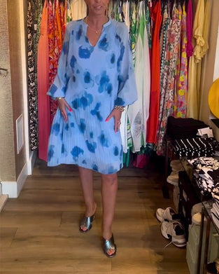 Floral print pleated long-sleeved dress