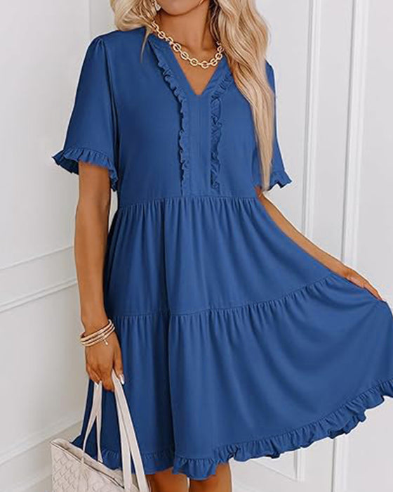 Ruffle Trim V-Neck Tiered Hem Dress