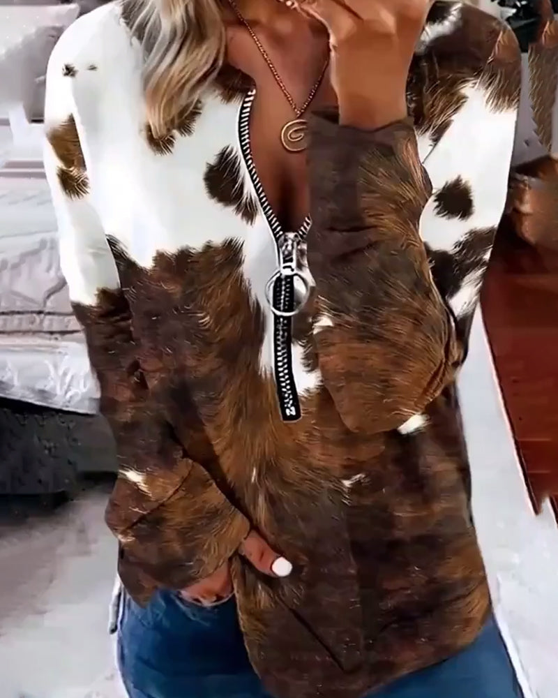 Fashionable Zipper Long-Sleeve Printed T-Shirt