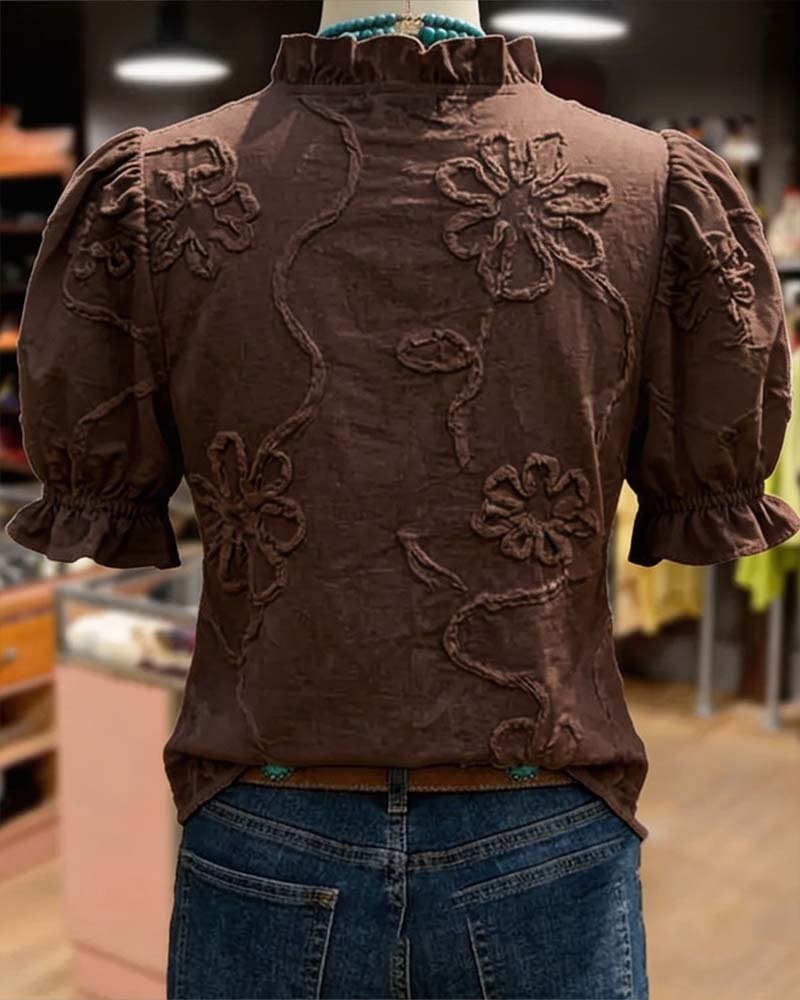 V-Neck Ruffle Trim Puff Sleeve Blouse