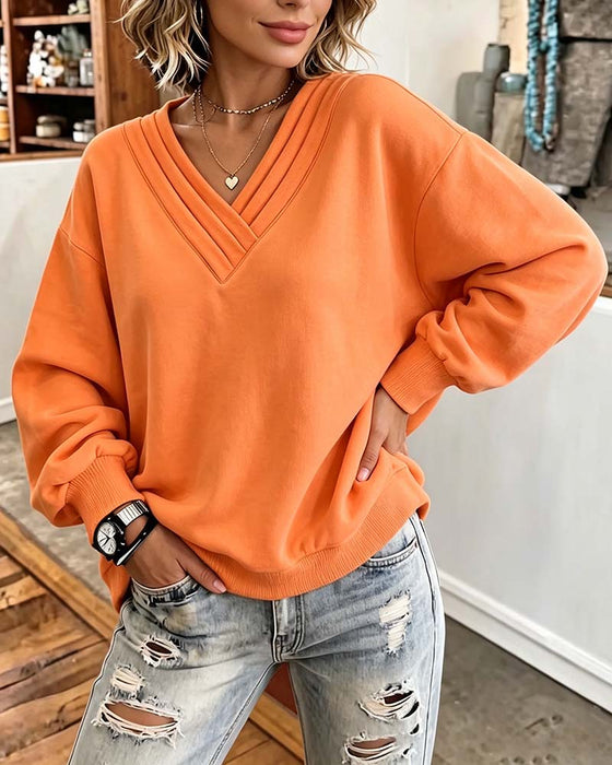 Double Layer V-Neck Drop Shoulder Loose Sweatshirt