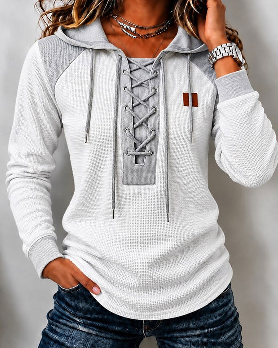 Hooded Lace-Up Spliced Hoodie