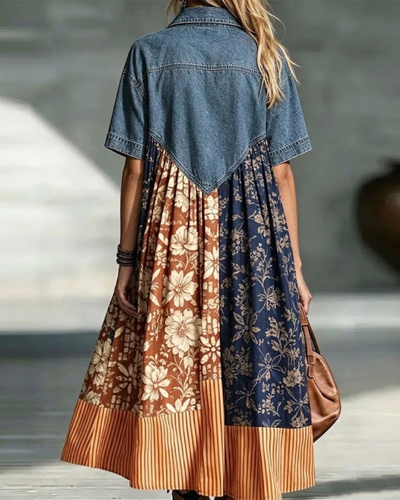 Shirt Collar Floral Contrast Denim Patchwork Dress