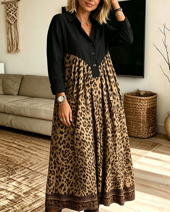 Shirt-Collar Button-Down Leopard Print Pocket Dress