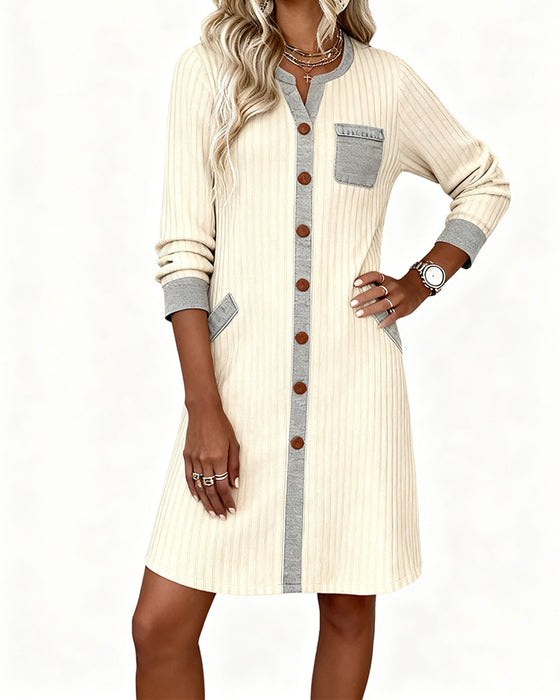 Ribbed Color-Blocked Button Dress