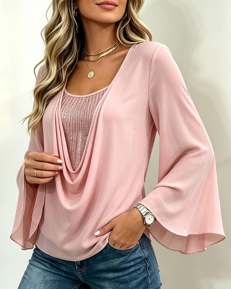 Draped Collar Fake Two-Piece Flare Sleeve Top