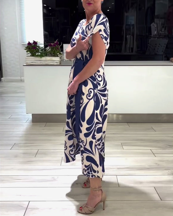 Elegant contrast print short sleeve dress