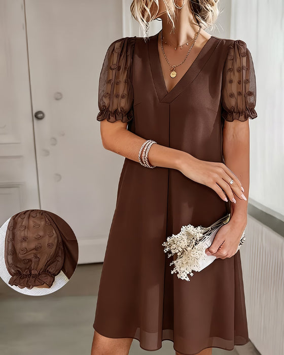 Puff Sleeve V-Neck A-Line Patchwork Dresses
