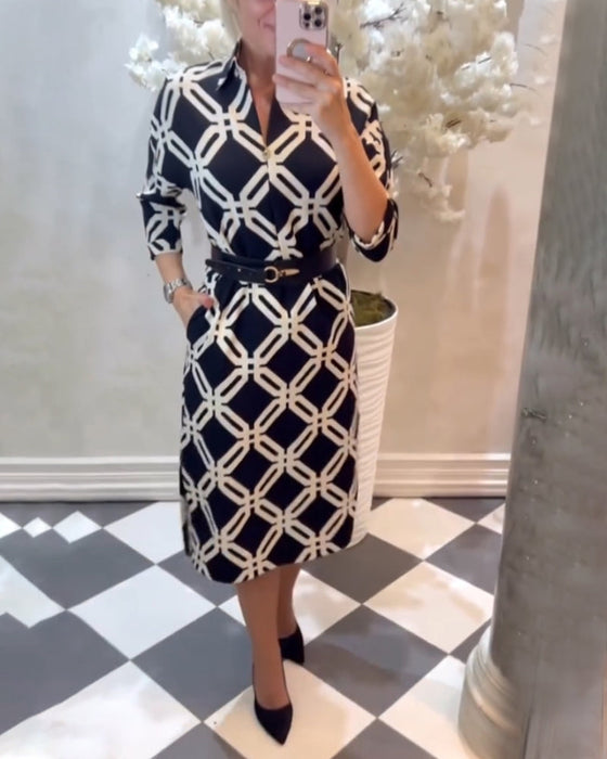 Geometric print side slit elegant dress