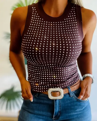 Solid Ribbed Rhinestone Fitted Tank Top