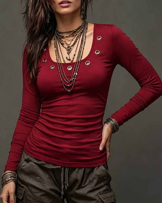 Solid Color U Collar Hollow Top