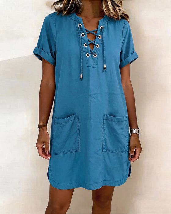 Tie V Neck Pocket Sheath Dress