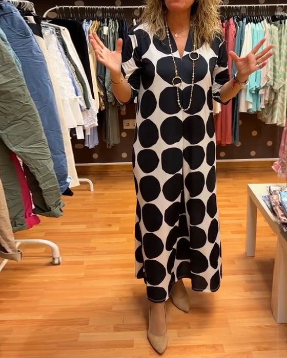 V-neck large polka dot slit long dress