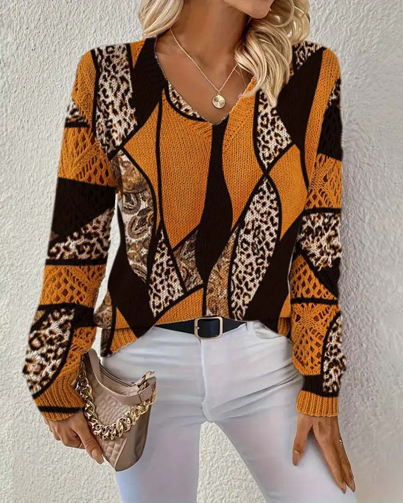 V-Neck Hollow Leopard Print Pullover