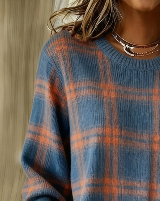 Long Sleeve Plaid Round Neck Sweater