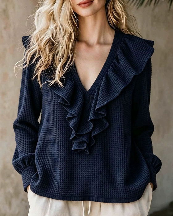 Waffle Knit V-Neck Ruffle Blouse