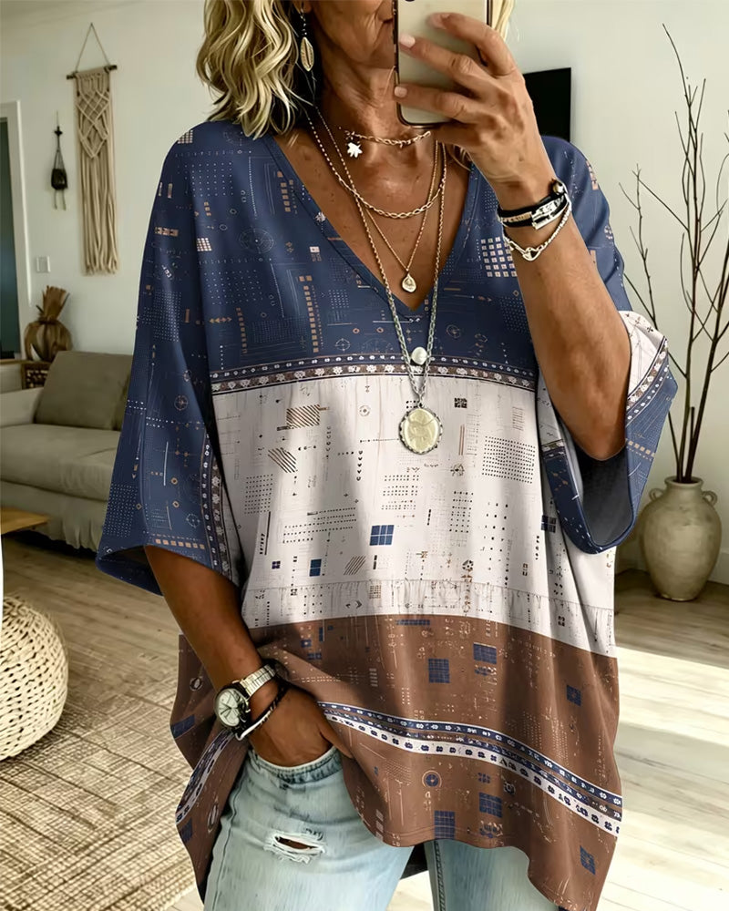 V-Neck Color-Block Casual Top