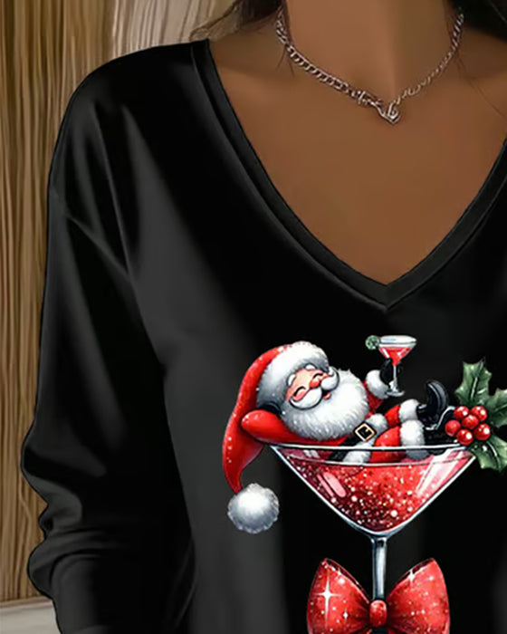 V-Neck Loose-Fitting Christmas Wine Glass Print Top