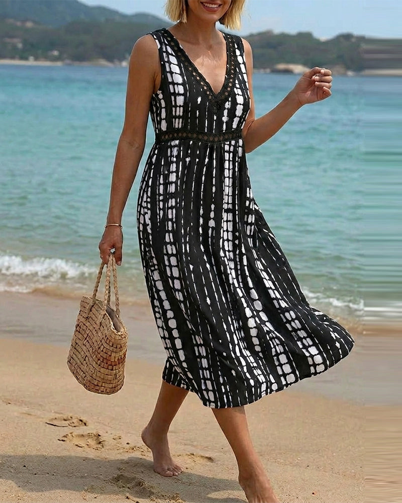 V-Neck Sleeveless Abstract Print Dress