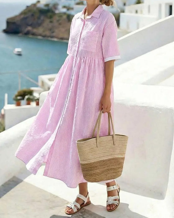 Striped Shirt Pocket Maxi Dress