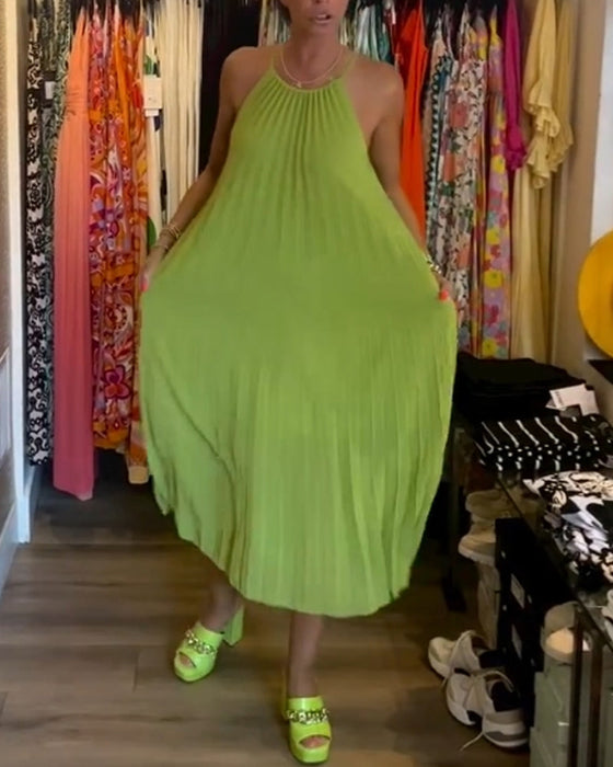 Pleated suspender solid color dress