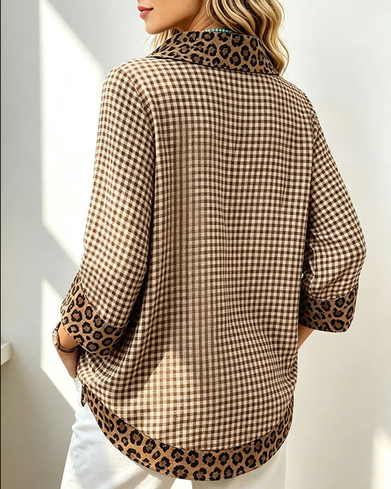 Plaid Leopard Long Sleeve Casual Shirt