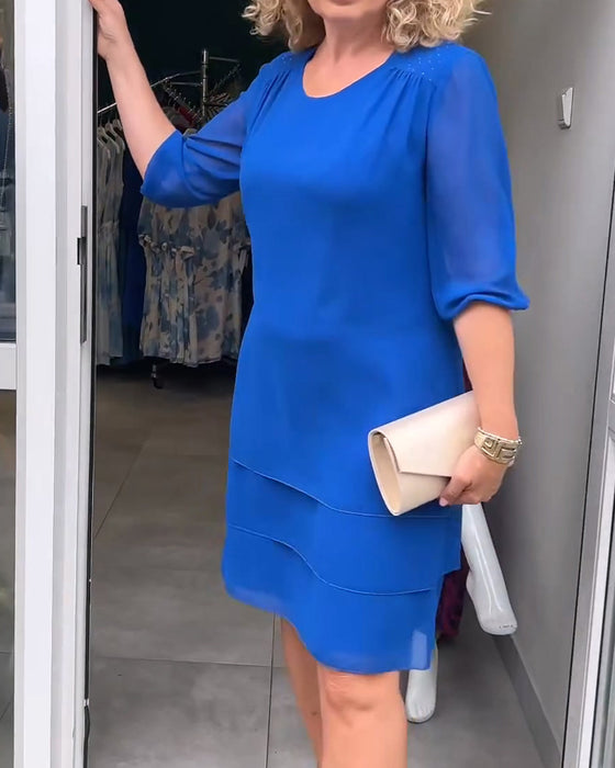 Half-Sleeve Crewneck Double-Layer Tiered Dress