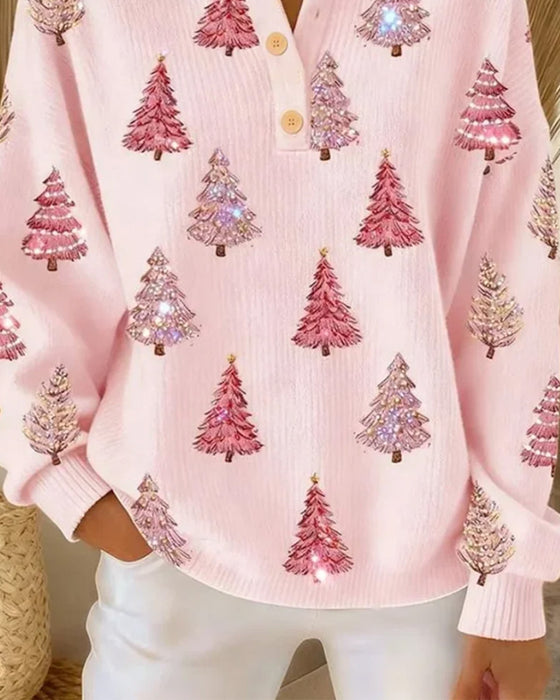 Christmas Tree Print Henley Collar Pullover