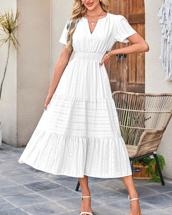 V-Neck Shirred Puff Sleeve Short Sleeve Dress