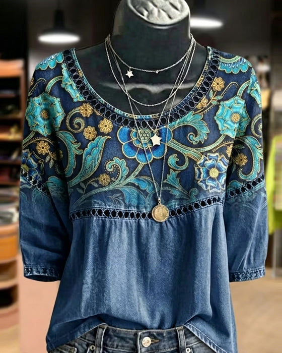 Hollow Out Print Vintage Blouse