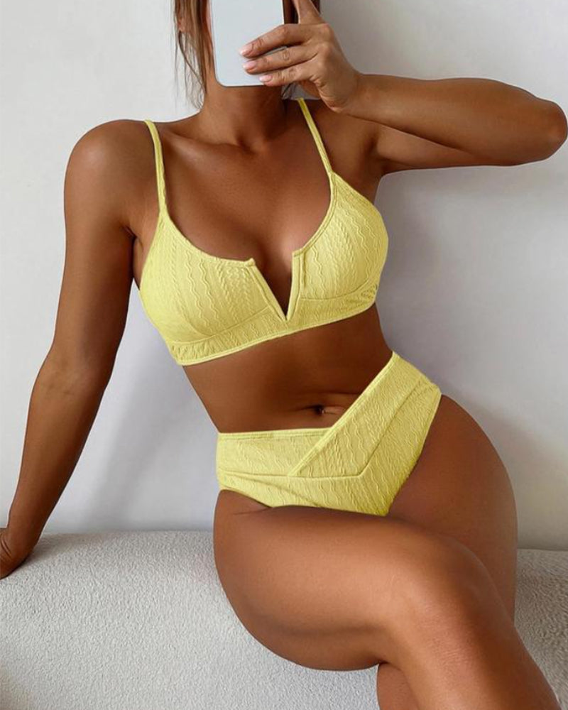 Textured V-Neck Wrap Waist Two-Piece Bikinis