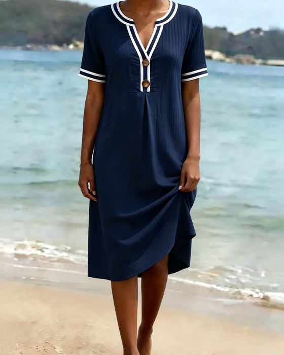 V-Neck Color Block Striped Dress
