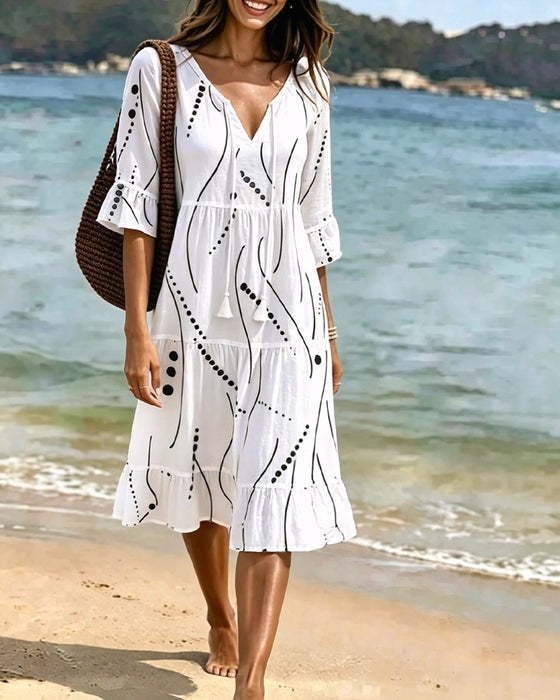 Flutter Sleeve Tie-Waist Polka Dot A-Line Dress