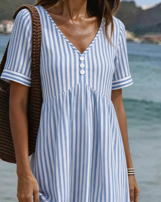 Vertical Stripe Babydoll V Neck A Line Dress