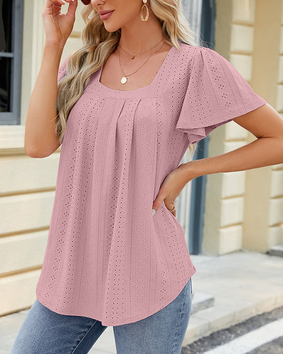 Square neck pleated short sleeve top