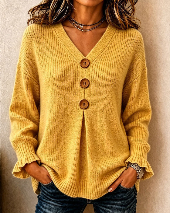 V-Neck Button Pullover Sweater