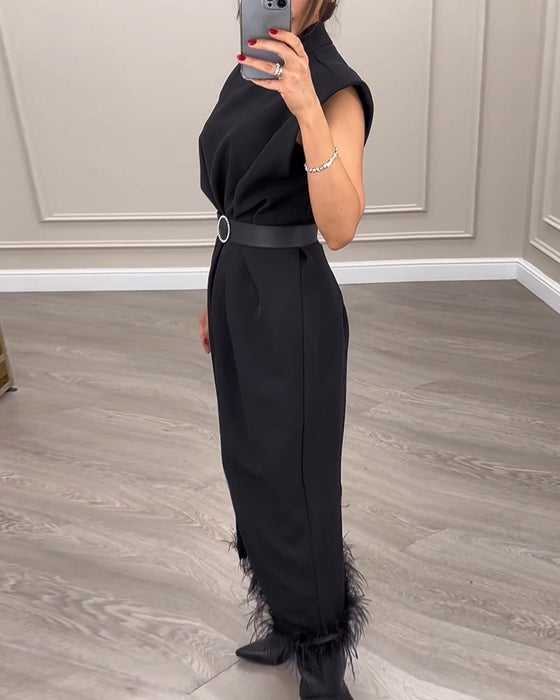 Sleeveless feather side slit dress
