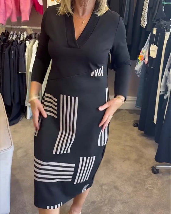 Geometric Stripe V-Neck Bodycon Midi Dress