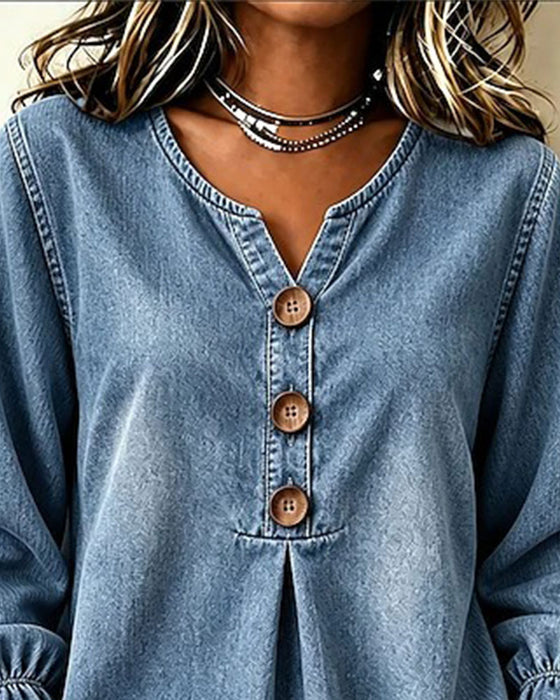 Denim V-Neck Button Ruffle Sleeve Top
