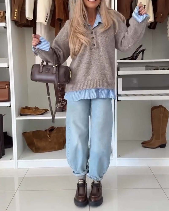 Long-Sleeved Button-Down Collar Pullover