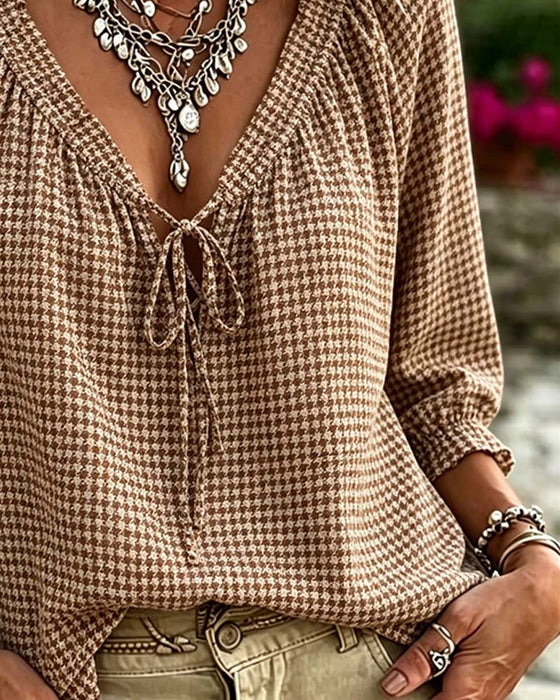 V-Neck Puff Sleeve Tie Houndstooth Blouse