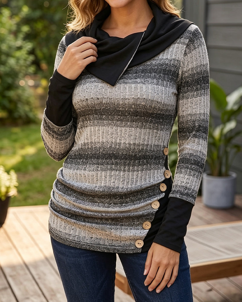 Irregular Stripe Button Sweatshirt