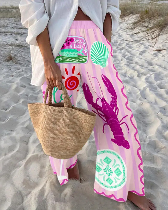 Ocean Print Wide-Leg Pants