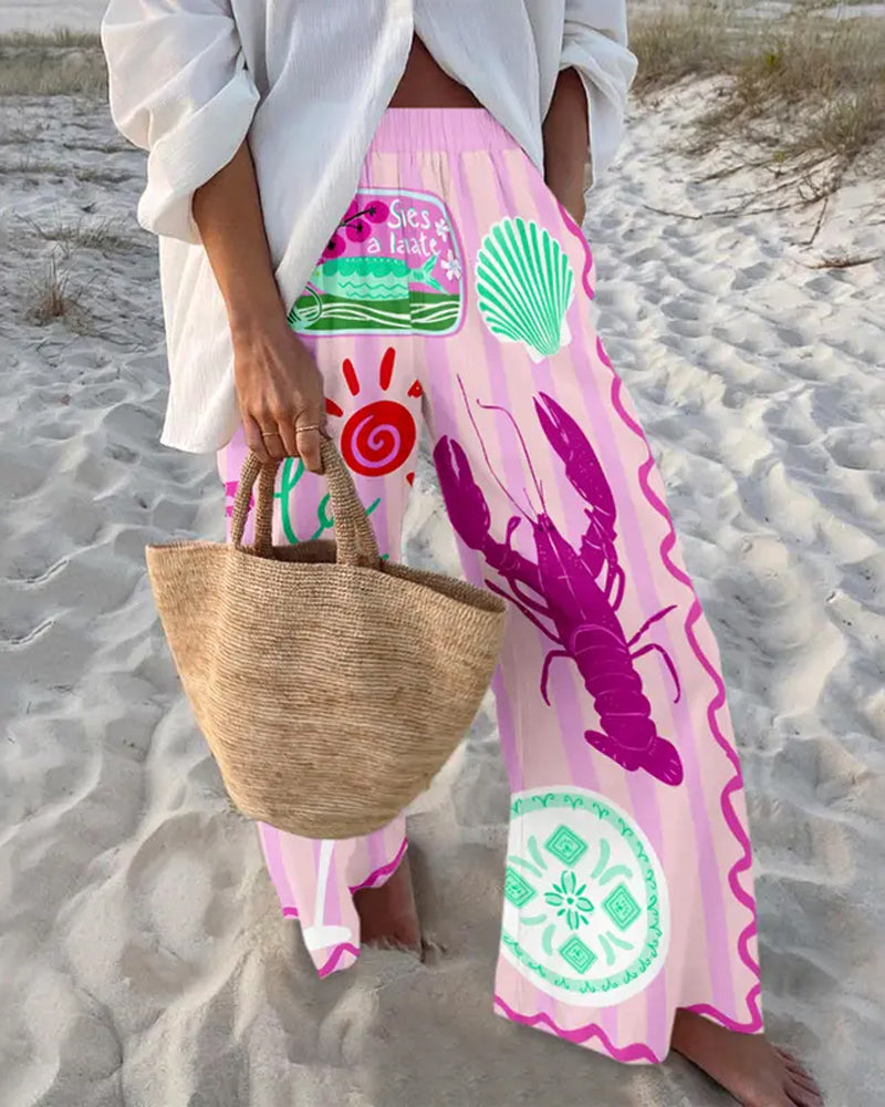 Ocean Print Wide-Leg Pants