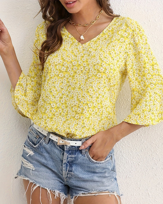 V-Neck Floral Butterfly Sleeve Blouse