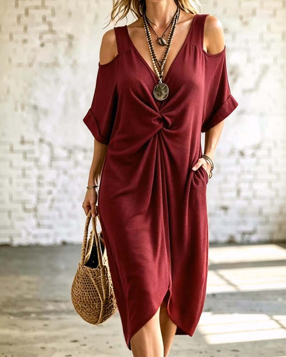 Solid Color Cold Shoulder Shirred Dress