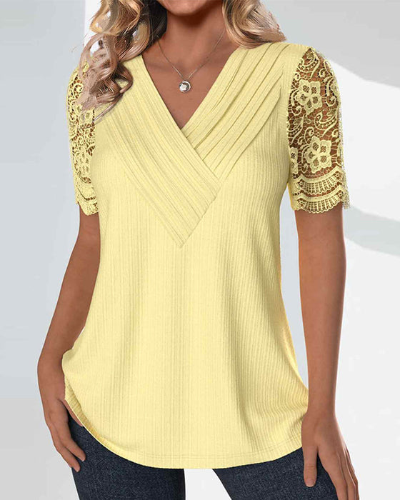 Short-sleeved lace patchwork top